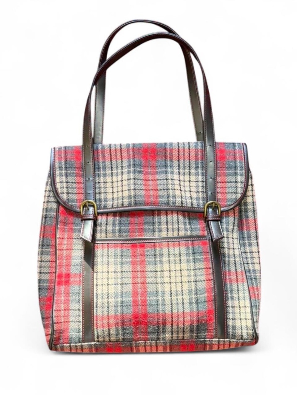 Red plaid leather tote bag with adjustable straps and buckle closure